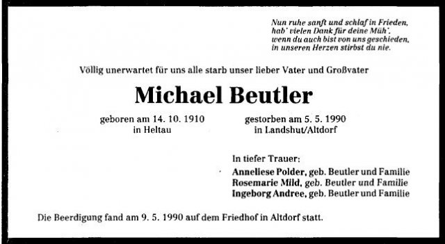 Beutler Michael 1910-1990 Todesanzeige